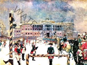 Painting by A N Benois of a parade in St Petersburg during Peter I's reign
